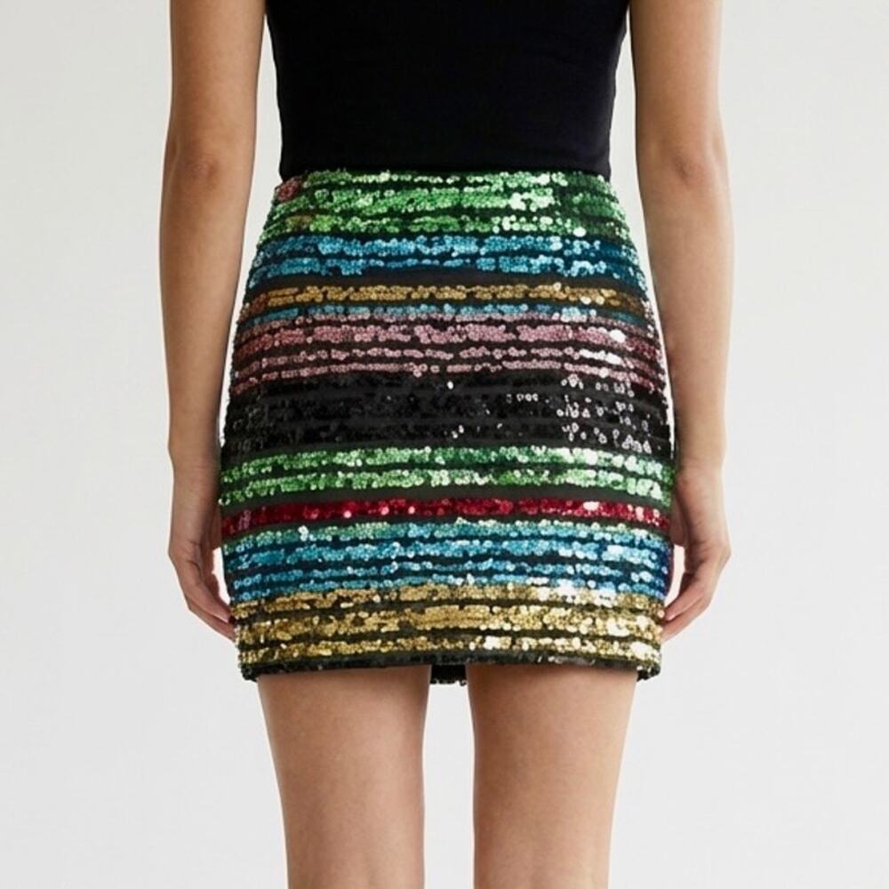 Rainbow Sequin Mini Skirt XS Multicolor Stripe Holiday Party NYE NWOT - Picture 2 of 9